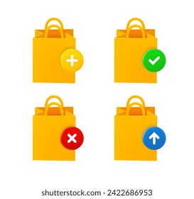 Shopping-Tasche Symbol mit verschiedenen Piktogrammen gesetzt. 3D-Vektorsymbol-Set