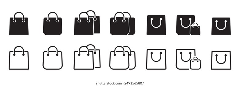 Shopping bag icon set. Line and glyph shopping bag. E-Commerce and online shop. Paper market bag symbols. Purchase sign. vector illustration