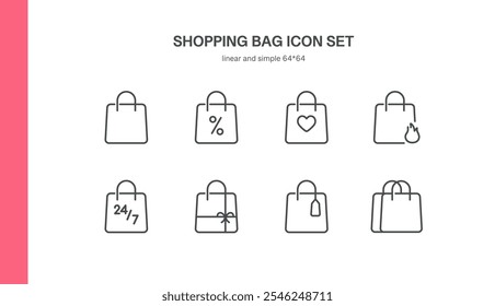 Shopping Bag Icon Set with Line Design for E-commerce, Discounts, and Gift Packaging. Includes Symbols for Sales, Favorites, and 24 7 Availability. Editable Vector Collection.