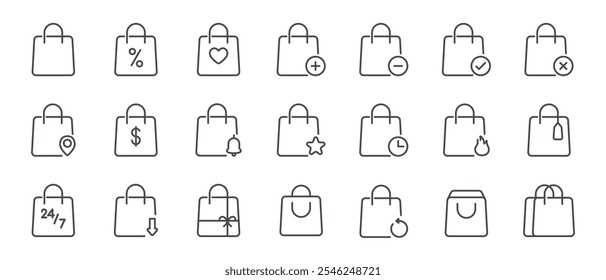 Shopping Bag Icon Set. Line Icons Representing Discounts, Favorites, Add, Remove, Location, Notifications, Price, Tags, and Features for E-commerce and Online Stores