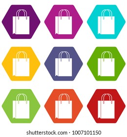 Shopping bag icon set many color hexahedron isolated on white vector illustration