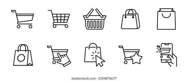 conjunto de iconos de bolso de compra en línea carro de compra troleado símbolo de contorno ilustración de estilo vector diseño