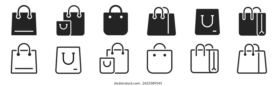 Juego de iconos de la bolsa de compras. Símbolos de bolsas de papel de mercado. Signo de compra. Comercio electrónico y tienda online. Estilo plano y de línea - vector de stock