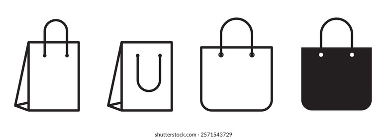 Shopping bag icon set. Paper market bag symbols. Purchase sign. E-Commerce and online shop. Flat and line style - stock vector