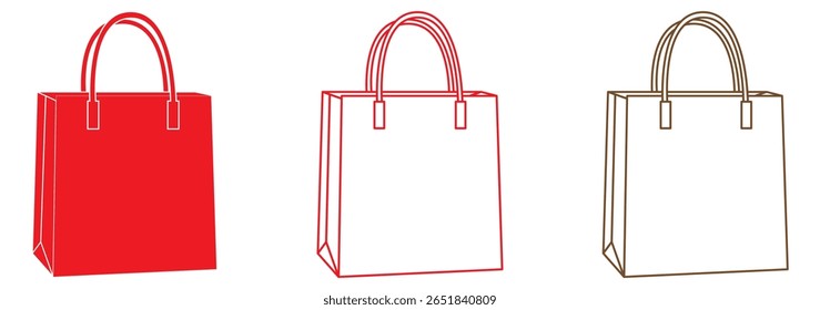 Shopping bag icon set. Paper market bag symbols. Purchase sign. E-Commerce and online shop. Flat and line style - stock vector 