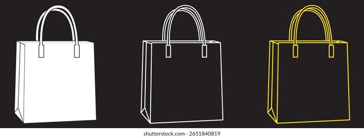 Shopping bag icon set. Paper market bag symbols. Purchase sign. E-Commerce and online shop. Flat and line style - stock vector 