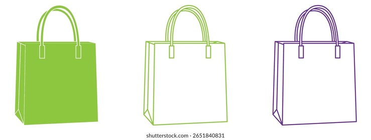 Shopping bag icon set. Paper market bag symbols. Purchase sign. E-Commerce and online shop. Flat and line style - stock vector 