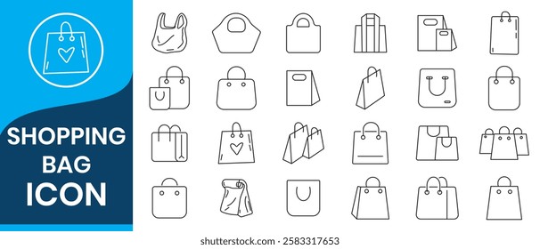 Shopping bag icon set. shopping icon vector. Shopping bag and Shopper variations vector line icons. Paper market pack and Grocery handbag outline icon set.