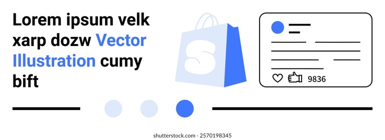 Shopping bag icon and social media card with engagement metrics on a clean background. Ideal for e-commerce, social media marketing, digital advertising, UX UI design, web development. Landing page