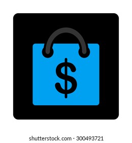 Shopping bag icon. The icon symbol is drawn with blue and gray colors on a black button isolated on a white background.