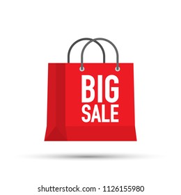 Shopping bag, icon, symbol purchases and sales on a juicy red background. A large inscription in white letters Big sale. Vector stock illustration.