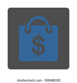Shopping bag icon. This flat rounded square button uses cobalt and gray colors and isolated on a white background.