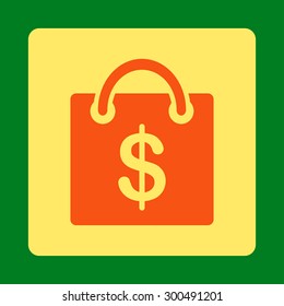 Shopping bag icon. This flat rounded square button uses orange and yellow colors and isolated on a green background.