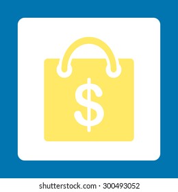 Shopping bag icon. This flat rounded square button uses yellow and white colors and isolated on a blue background.