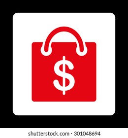 Shopping bag icon. This flat rounded square button uses red and white colors and isolated on a black background.