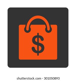 Shopping bag icon. This flat rounded square button uses orange and gray colors and isolated on a white background.