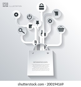 Shopping bag icon. Icon tree. Flat abstract background with web icons. Interface symbols. Cloud computing. Mobile devices.Business concept.