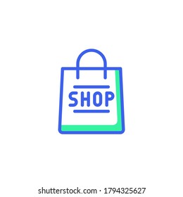 Shopping bag icon vector, filled flat sign, bicolor pictogram, shop bag green and blue colors. Symbol, logo illustration