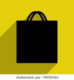 Shopping bag. icon. Vector. Flat black icon with with semitransparent shadow on citrine background.