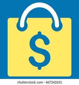 Shopping Bag icon. Vector style is bicolor flat iconic symbol with rounded angles, yellow and white colors, blue background.