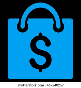 Shopping Bag icon. Vector style is flat iconic symbol with rounded angles, blue color, black background.