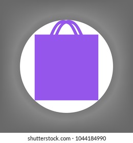 Shopping bag icon. Vector. Violet icon on white circle with shadow at gray background.