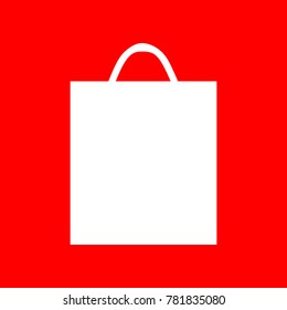Shopping bag. icon. Vector. White icon on red background. Isolate.