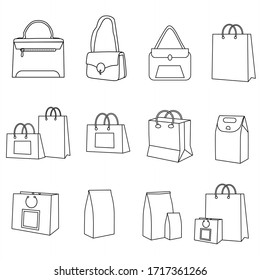 Shopping Bag Icons. Collection of Black Line Icons Isolated on a White Background. A Vector Illustration