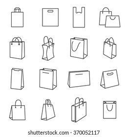 Iconos de la bolsa de compras. Colección de iconos de línea negra aislados en un fondo blanco. Una ilustración vectorial