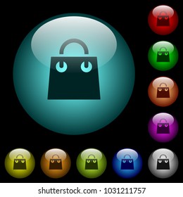 Shopping bag icons in color illuminated spherical glass buttons on black background. Can be used to black or dark templates