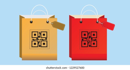 Shopping bag icons with QR code isolated on background, Electronic scan digital technology flat design Vector illustration. 