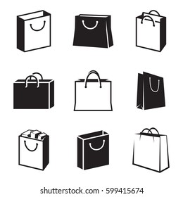 Conjuntos de iconos de la bolsa de compras. Negro sobre fondo blanco