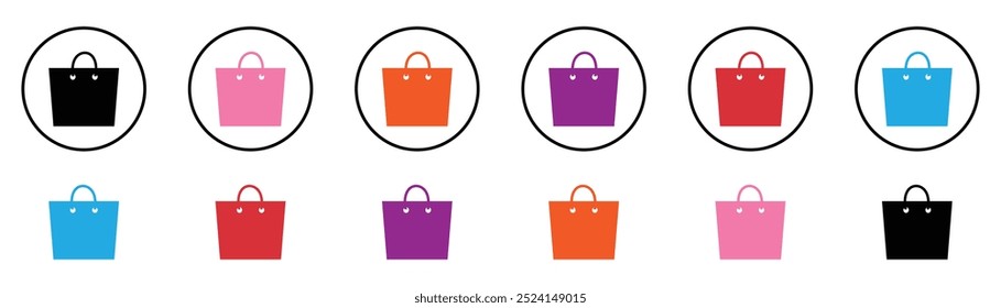 Shopping bag icons set. Silhouette of shopping black, red, sky, and pink bag symbol simple pictogram isolated on white background. Handbag sign vector for web site design. Vector illustration. EPS 10