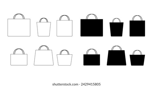 Conjunto de iconos de bolso de compras ilustración vectorial sobre fondo blanco. Contorno negro e iconos de silueta.