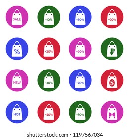 Shopping Bag Icons. White Flat Design In Circle. Vector Illustration. 