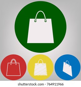 Shopping bag illustration. Vector. 4 white styles of icon at 4 colored circles on light gray background.