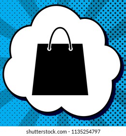 Shopping bag illustration. Vector. Black icon in bubble on blue pop-art background with rays.