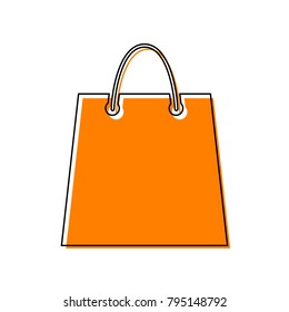 Shopping bag illustration. Vector. Black line icon with shifted flat orange filled icon on white background. Isolated.