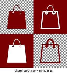 Shopping bag illustration. Vector. Bordo and white icons and line icons on chess board with transparent background.