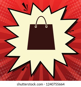 Shopping bag illustration. Vector. Dark red icon in lemon chiffon shutter bubble at red popart background with rays.