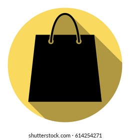 Shopping bag illustration. Vector. Flat black icon with flat shadow on royal yellow circle with white background. Isolated.