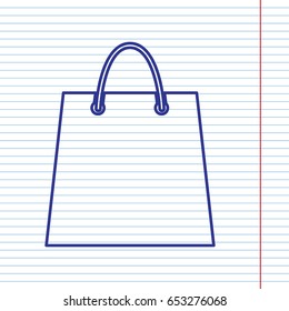 Shopping bag illustration. Vector. Navy line icon on notebook paper as background with red line for field.
