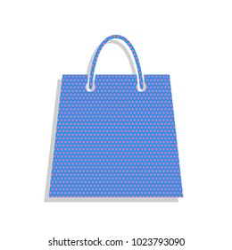 Shopping bag illustration. Vector. Neon blue icon with cyclamen polka dots pattern with light gray shadow on white background. Isolated.