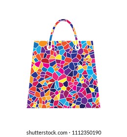 Shopping bag illustration. Vector. Stained glass icon on white background. Colorful polygons. Isolated.