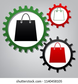 Shopping bag illustration. Vector. Three connected gears with icons at grayish background.