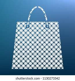 Shopping bag illustration. Vector. White textured icon at lapis lazuli gradient background.