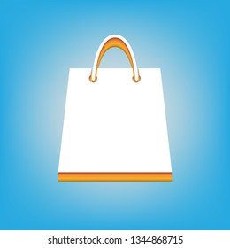 Shopping bag illustration. Vector. White icon with 3d warm-colored gradient body at sky blue background.