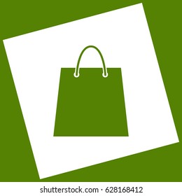 Shopping bag illustration. Vector. White icon obtained as a result of subtraction rotated square and path. Avocado background.