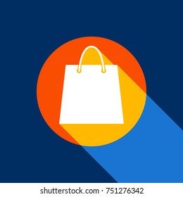 Shopping bag illustration. Vector. White icon on tangelo circle with infinite shadow of light at cool black background. Selective yellow and bright navy blue are produced.