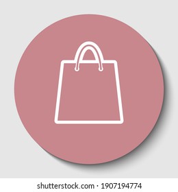Shopping bag illustration. White contoured icon on rosy brown button with shadow. Illustration.